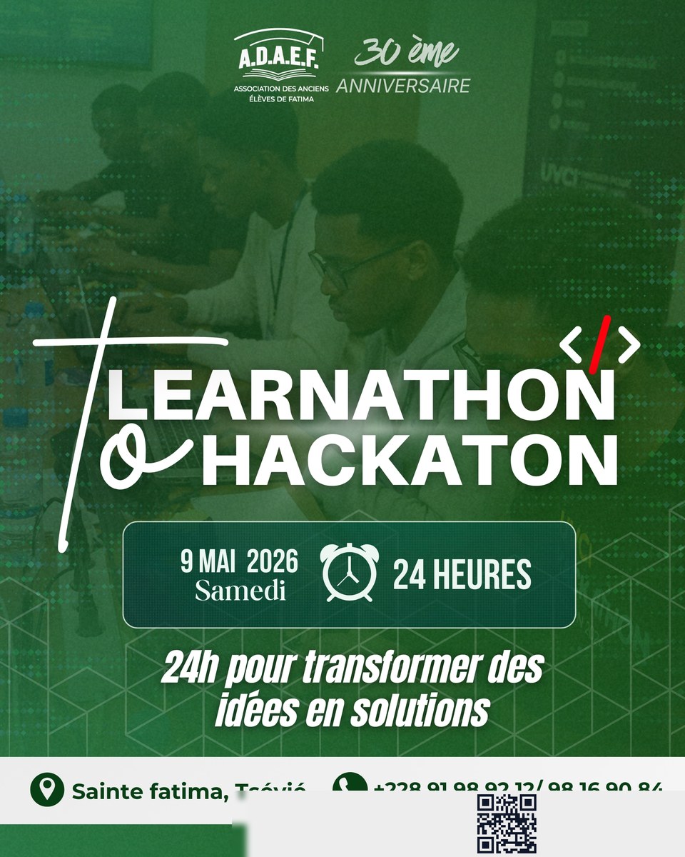 Affiche officielle Learnathon to Hackaton — 9 mai 2026, Sainte Fatima, Tsévié